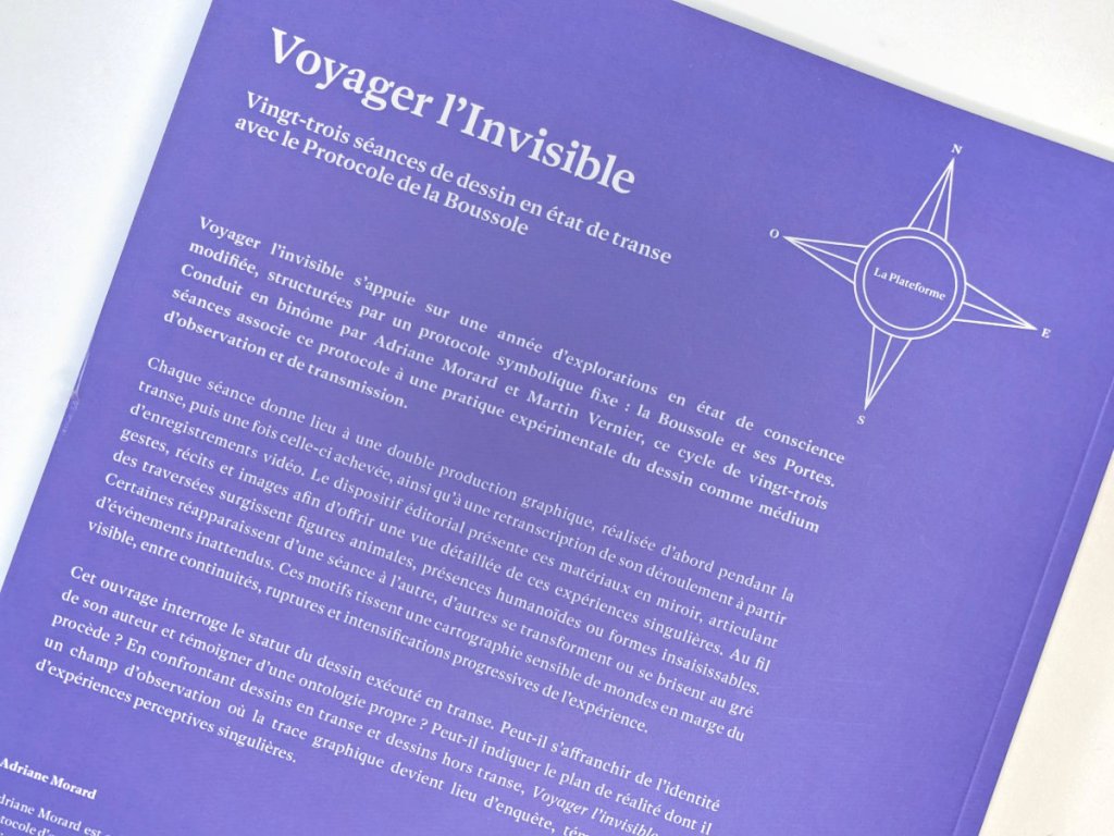 Close, angled view of the book's blue back cover. The title and subtitle run along the top, a compass-rose emblem labelled "La Plateforme" sits at the right, and a block of French text fills the lower half.