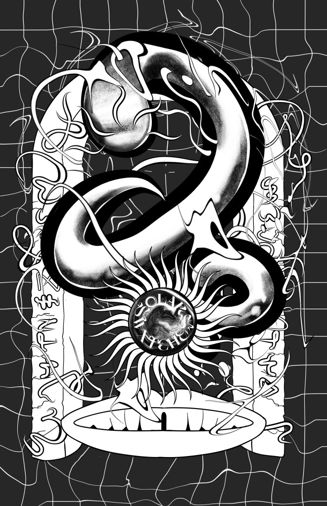 Black-and-white print of a serpent coiled in a double curve over a gridded ground, with a radiant sun disc at the centre bearing the words "Solar Witches," surrounded by fine looping linework. By Adriane Morard, 2023