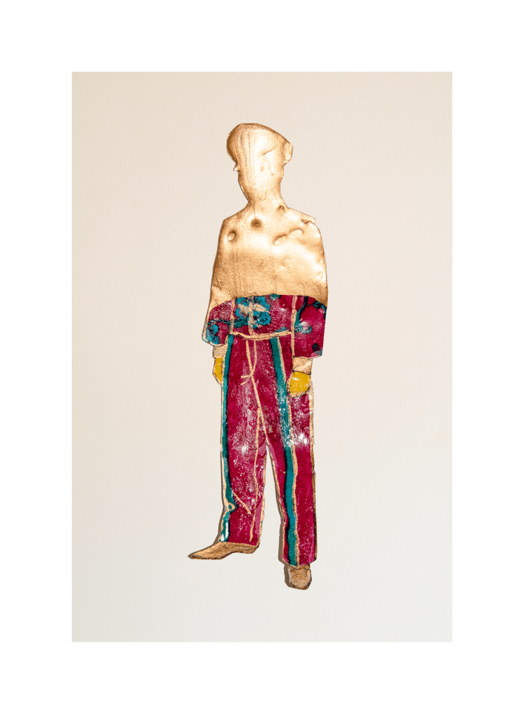 Fine art print of a gilded policeman figure isolated on bare ground, Wish You Were Here series, Adriane Morard, 2021